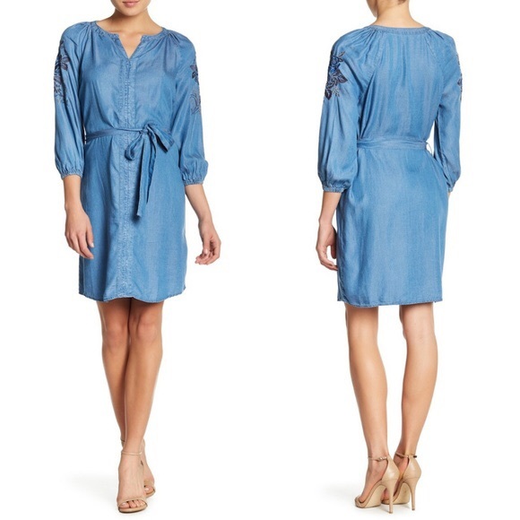 Sharagano Dresses & Skirts - Embroidered Dress Shirt Dress Denim Blue Midi